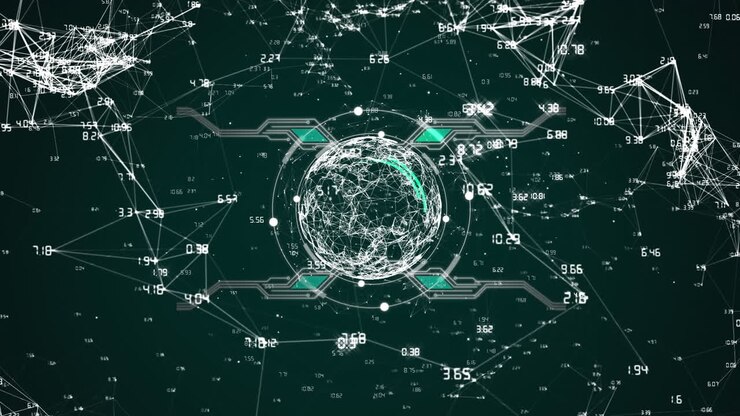 Animation of globe over network of connections and data processing