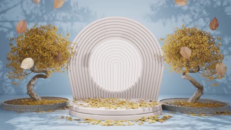 autumnal serenity: sculptural trees amidst circular white benches blue background podium mockup product