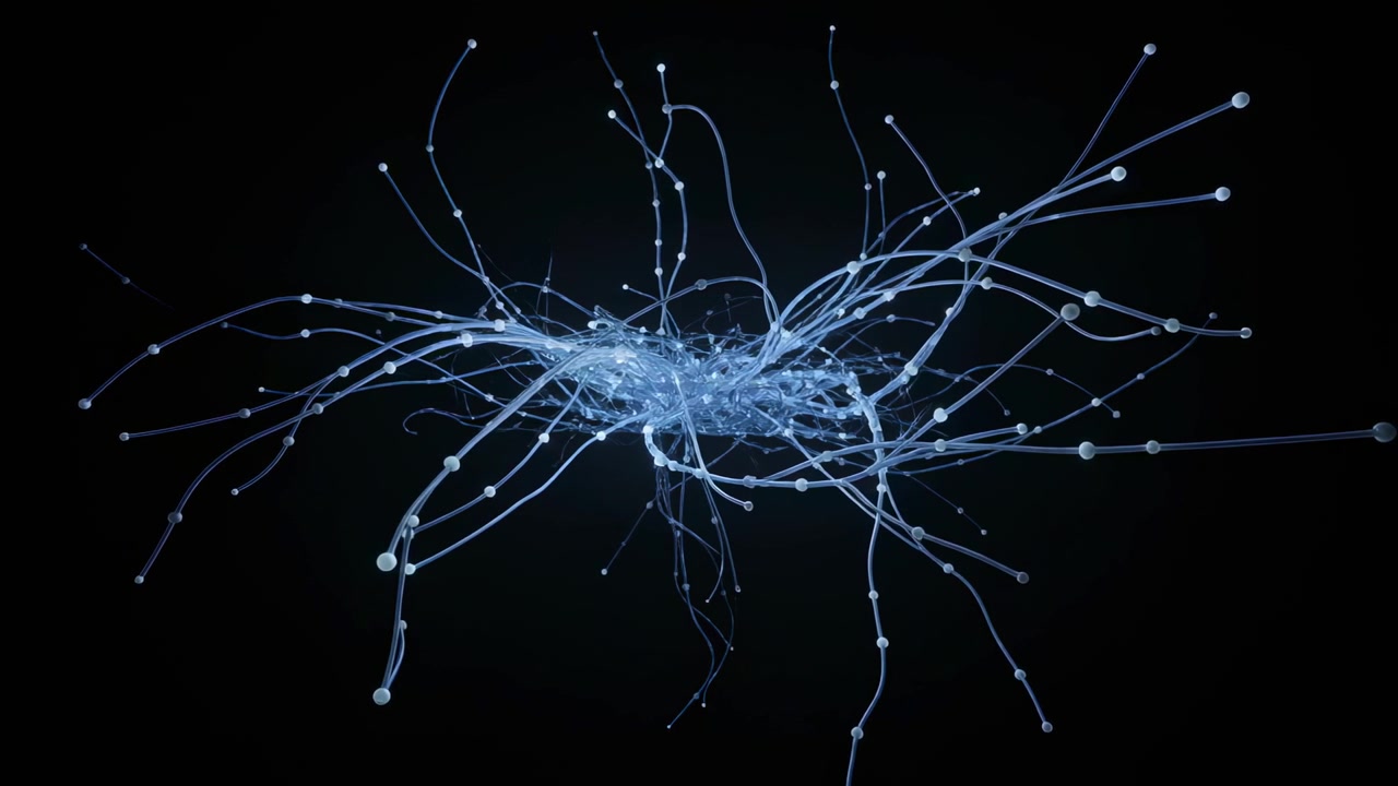 Animating woven nexus lifting strands, revealing knot in dark void, with beads drifting outward