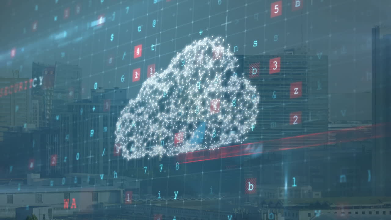 Cloud computing concept animation over cityscape with binary code and numbers