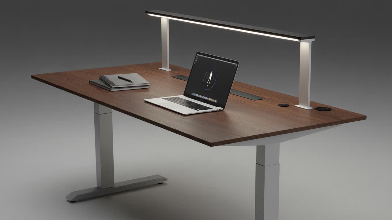 Modern Ergonomic Workspace Showcasing a Sleek Desk with Adjustable Height and Integrated Lighting, Featuring a Laptop, Notepad, and Minimalist Design Aesthetic