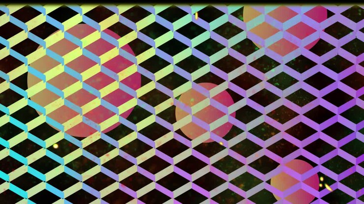 nimation of orange to pink gradient spheres seen through pink to turquoise mesh