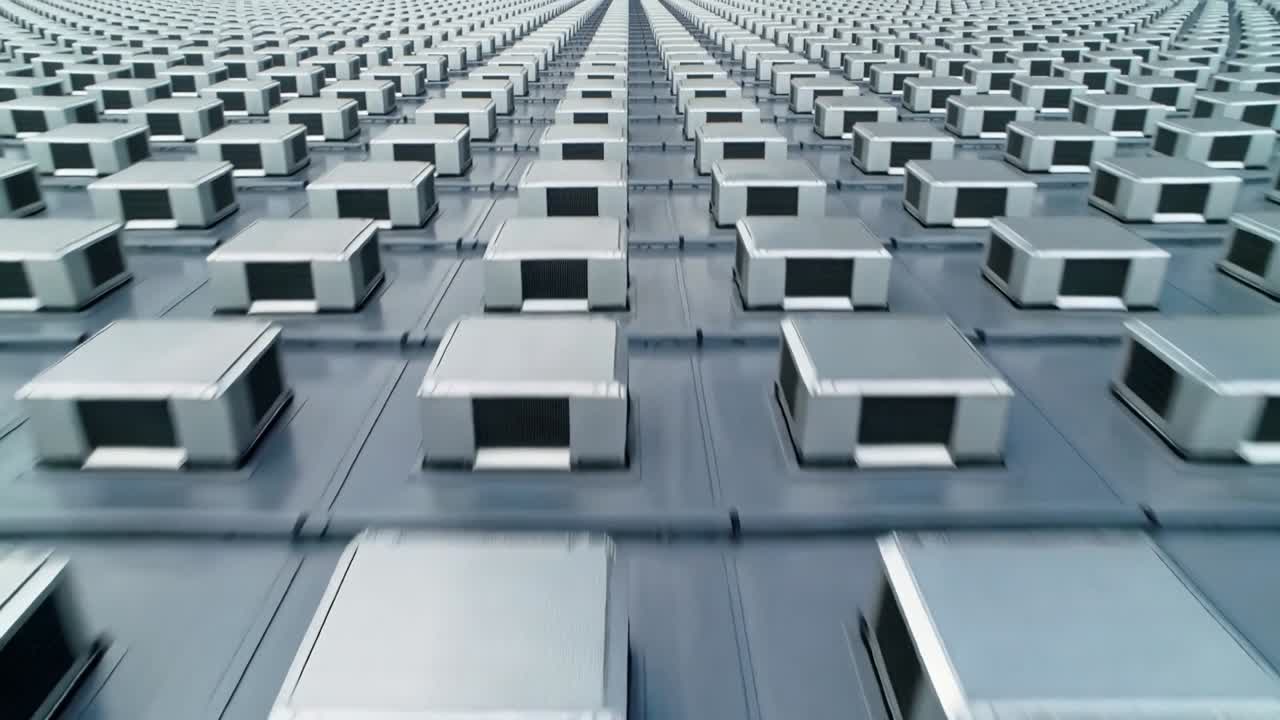 Crew pushing camera, gliding over metal roof vents on commercial roof, showing seams and screws
