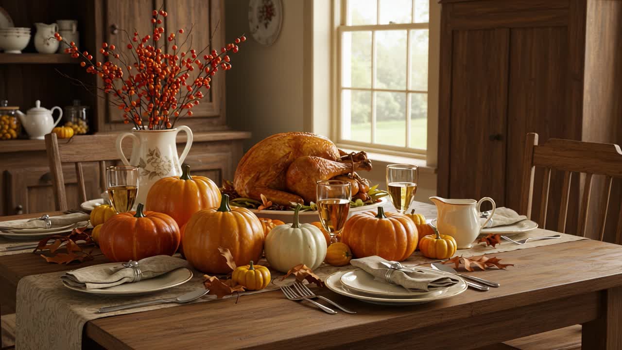 Thanksgiving Feast: A Beautifully Set Dining Table with Roasted Turkey and Pumpkins