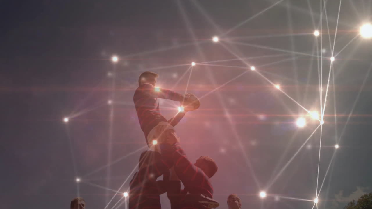 Rugby players forming lineout with network connections animation over them