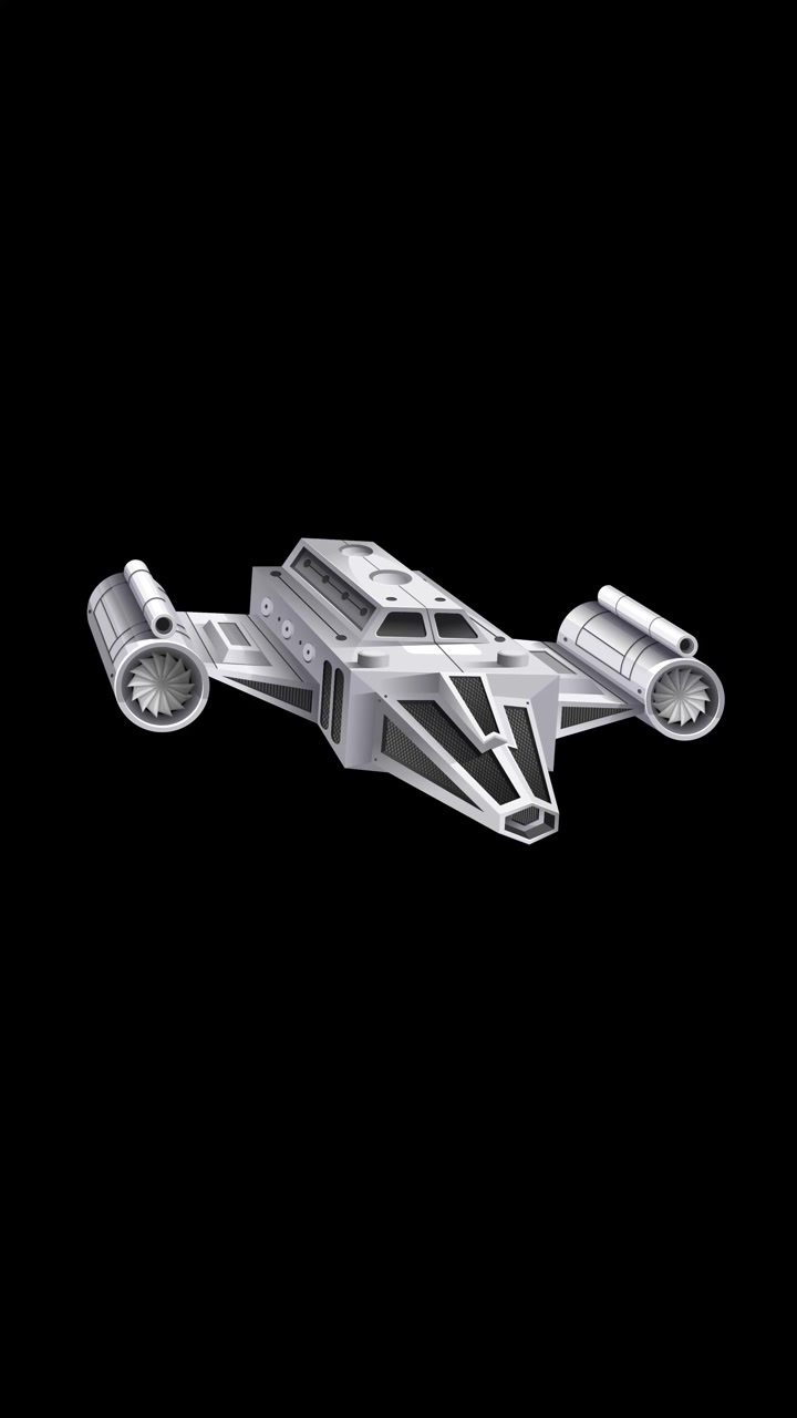 A silver 3D spacecraft drifts slowly against a solid black background in vertical orientation.