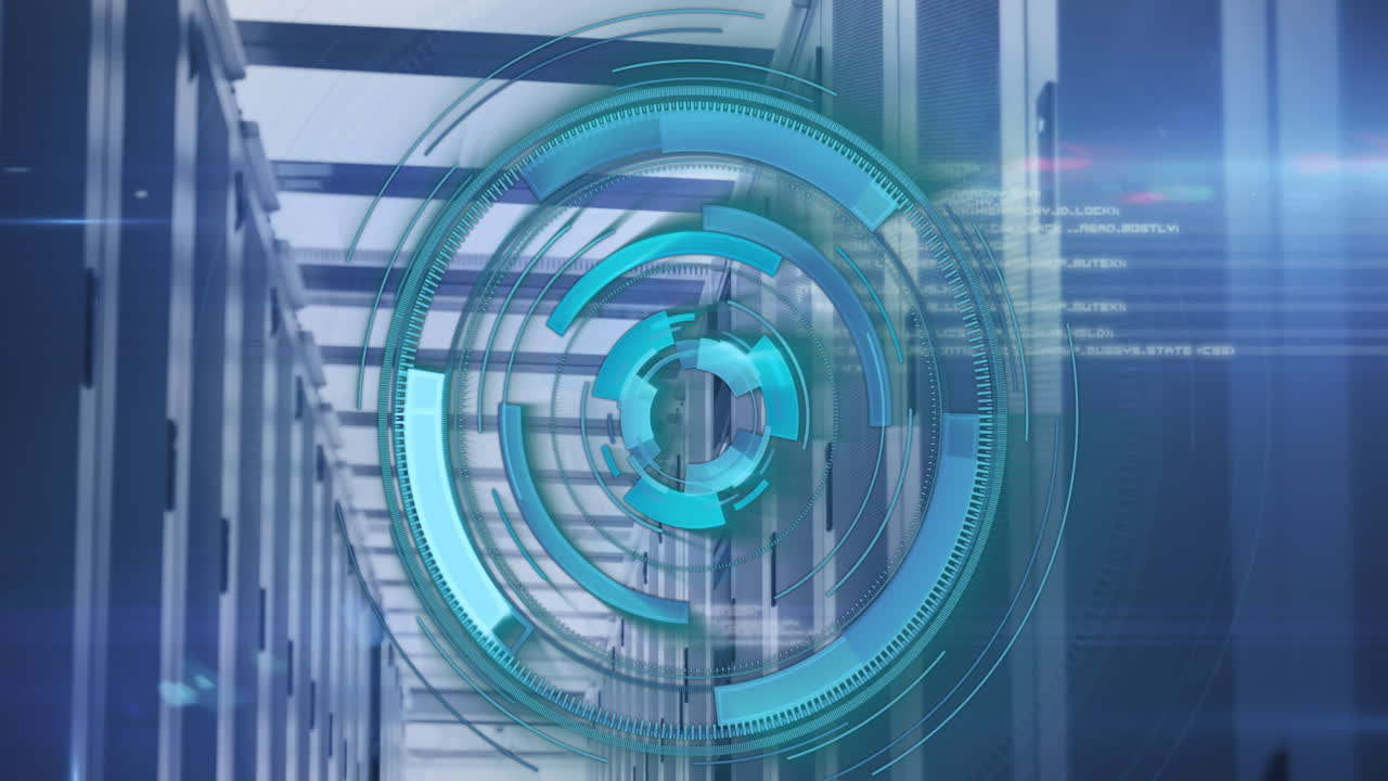 animación de círculos de carga y lenguaje de programación en la sala del servidor