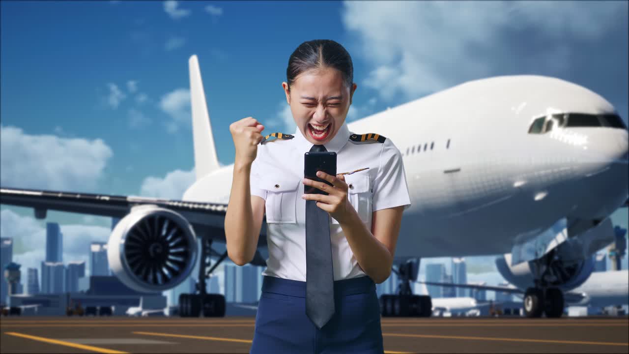 una mujer piloto asiática mirando un teléfono inteligente y luego gritando un gol celebrando mientras está de pie en el aeródromo con un avión en el fondo