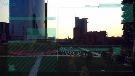 animación del procesamiento de datos financieros sobre el paisaje urbano