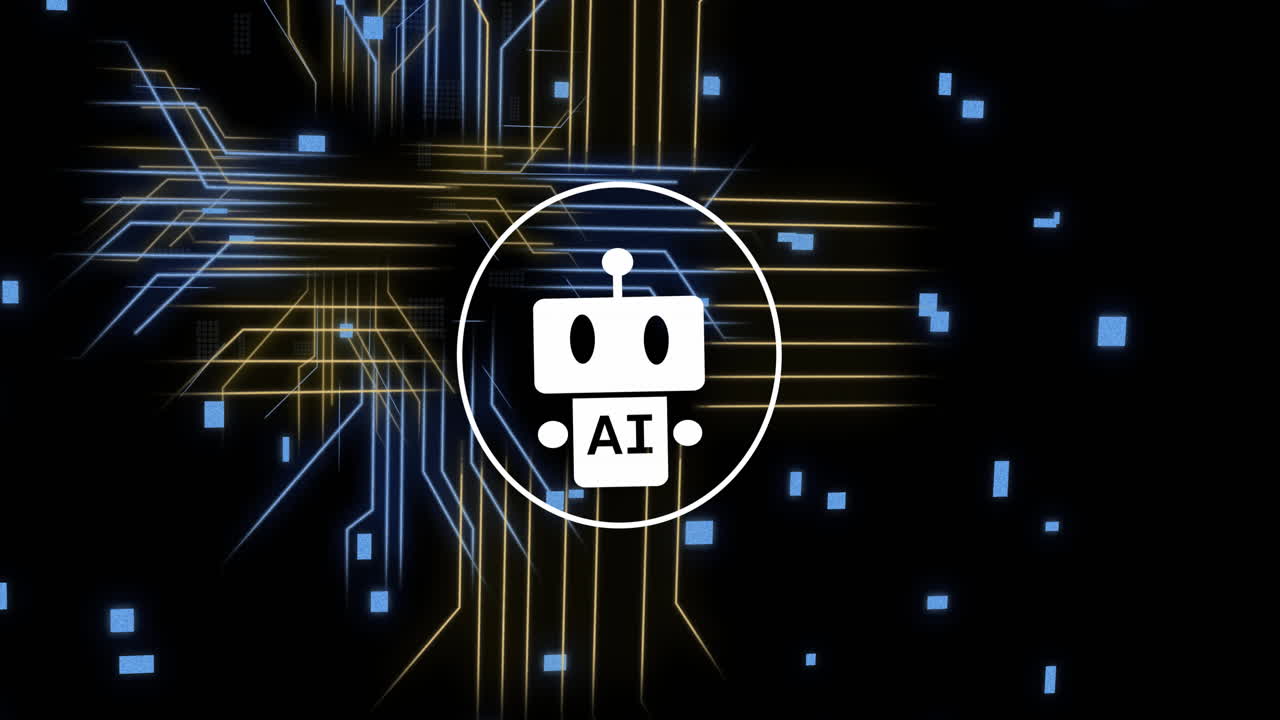 Animation of ai data processing over chat bot and computer circuit board