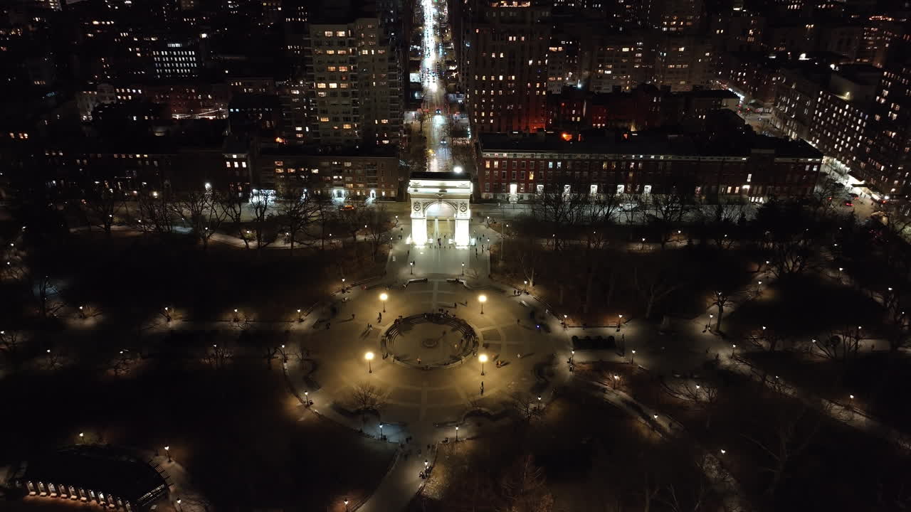 Aerial view of Washington Square Park at night. Shot in New York City’s Greenwich Village.