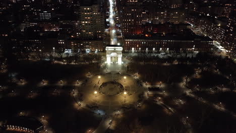 aerial view of washington square park at night. shot in new york city’s greenwich village.