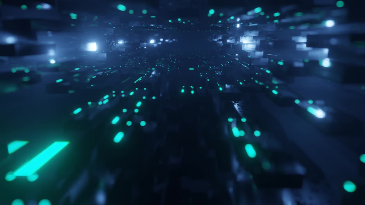 volar a través del ciberespacio tecnológico con brillo de neón. vuelo de ciencia ficción a través del túnel de tecnología de alta tecnología. holograma y luz de neó. bloques de metal en el aire.