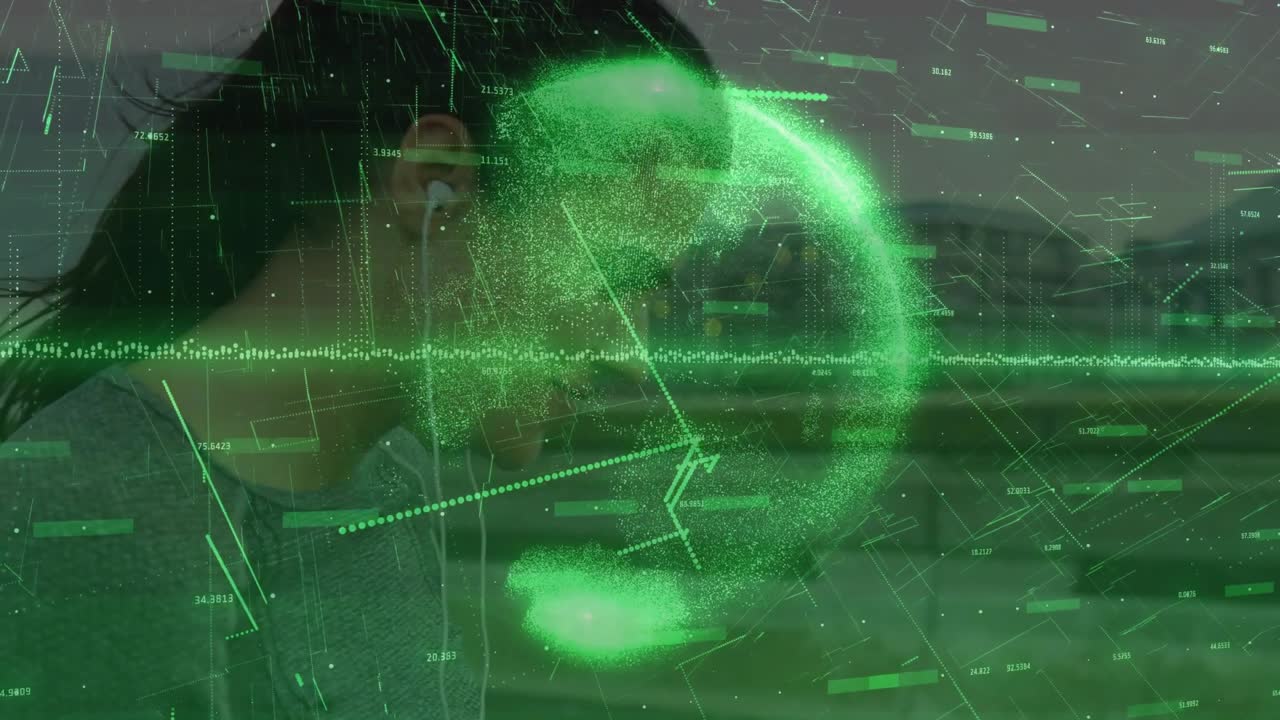 Woman hand-adjusting earbud waterfront, listening for tech as globe and waveform overlaying profile