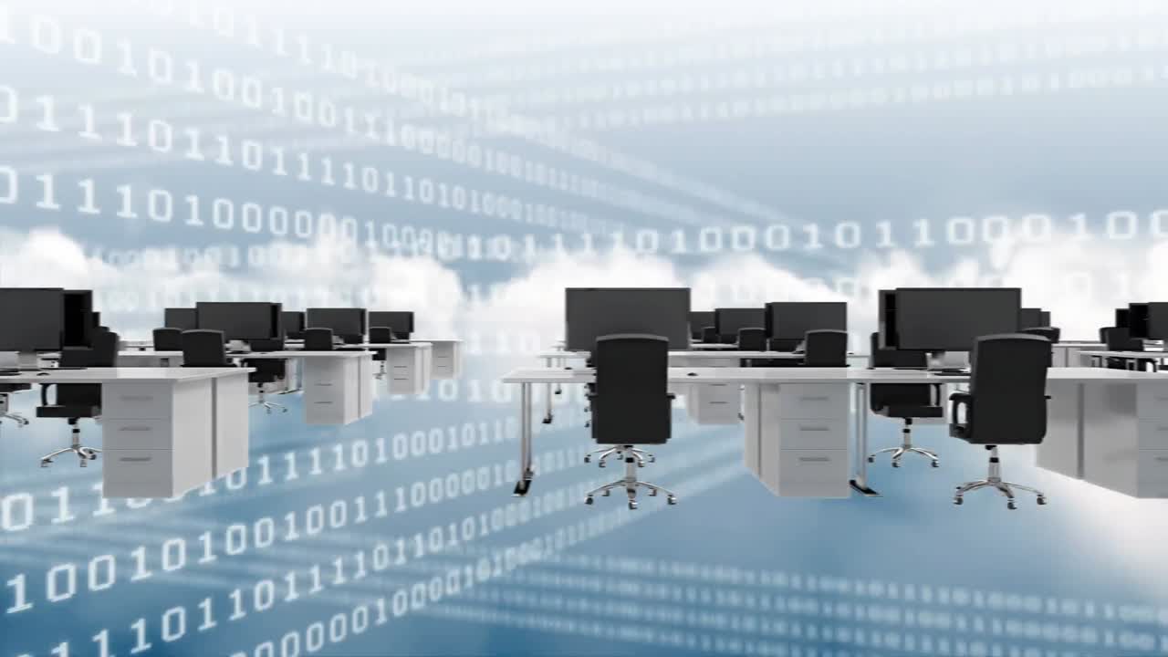 데이터 스크롤과 함께 하늘 배경에서 스크롤하는 디지털 데스크 ⁇