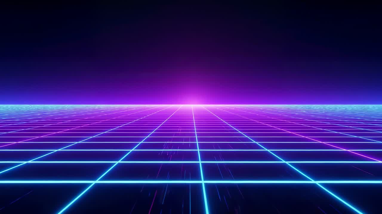 Pulsing magenta horizon light casting reflections across neon grid floor, retro cyberspace