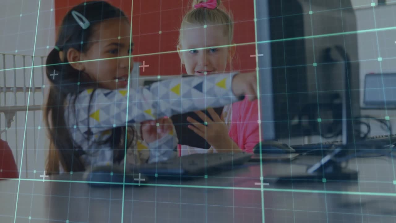 Left girl navigating desktop while right girl grabbing tablet tapping syncing screens for learning
