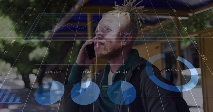 Man answering call at bus stop and checking 3D finance charts overlaying scene, growing dominant