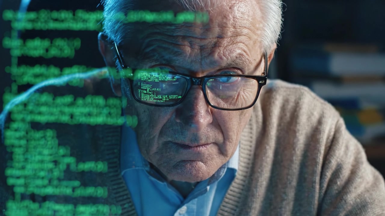 An Elderly Programmer Deep in Thought as Code Flashes on Screen, Exemplifying Dedication and Expertise in the Digital Age of Technology and Computing