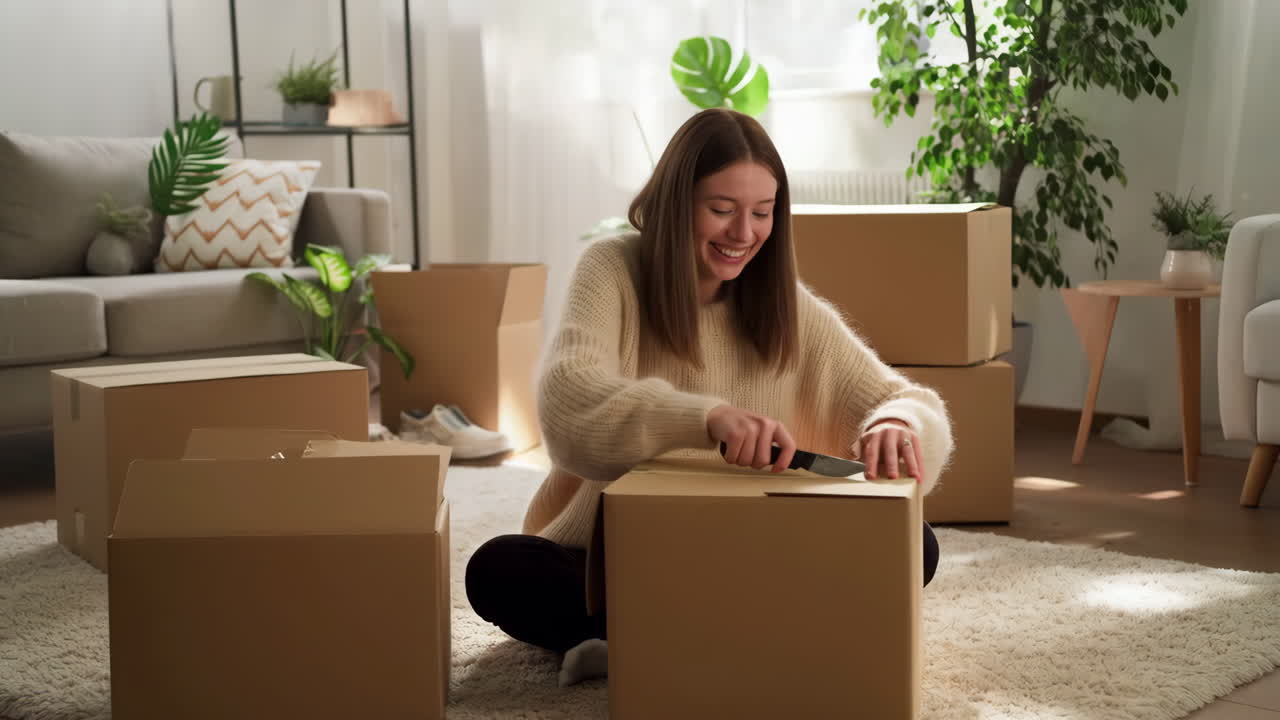 Woman unpacking cardboard boxes after moving