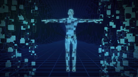 animation von formen und digitalen menschen auf schwarzem hintergrund