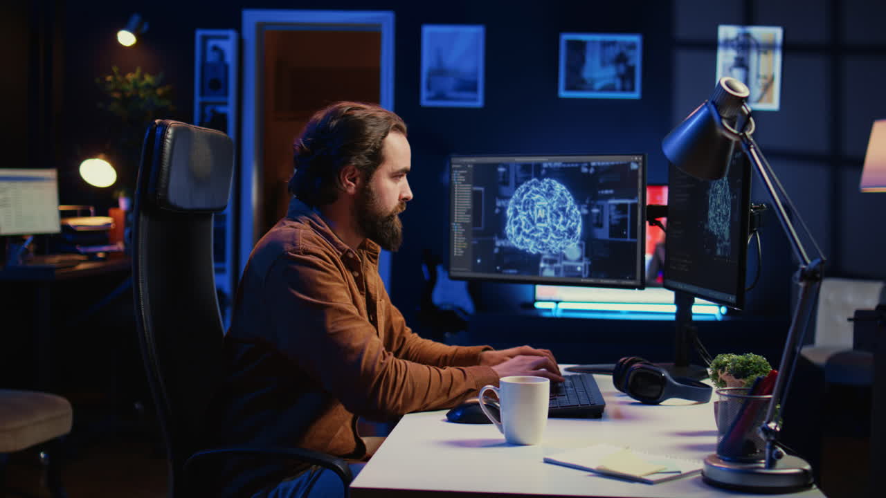 Freelancing IT specialist writing AI code, training machine learning