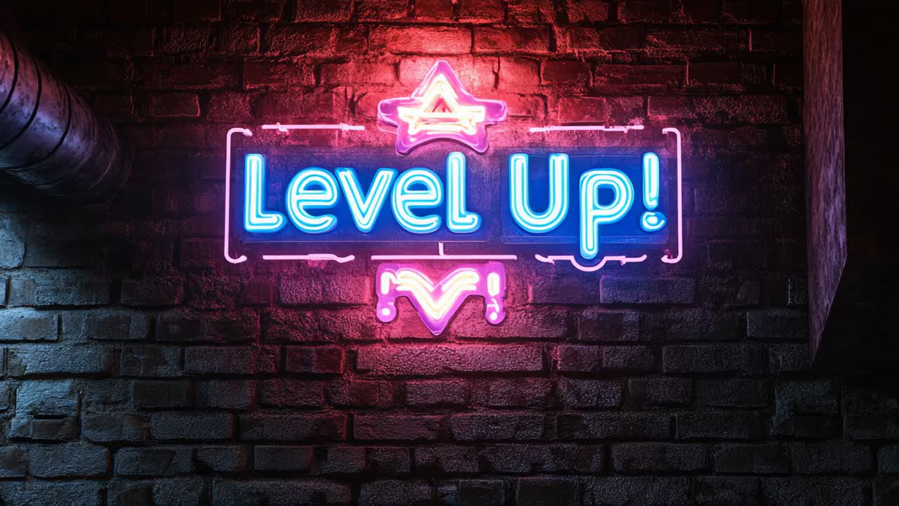 Neon Level Up Sign on Brick Wall