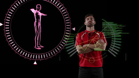 Animación-Del-Cuerpo-Humano-Girando,-Procesamiento-De-Datos-Y-Escaneo-De-Alcance-Sobre-Un-Jugador-De-Rugby.