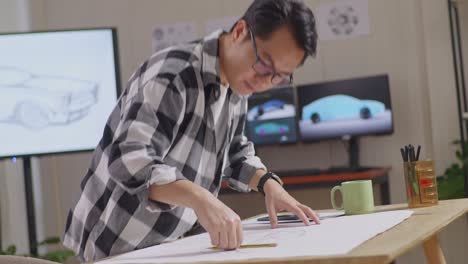 side view of asian male walking to sit on table and working on a paper about car design sketch in the studio with tv and computers display 3d electric car model