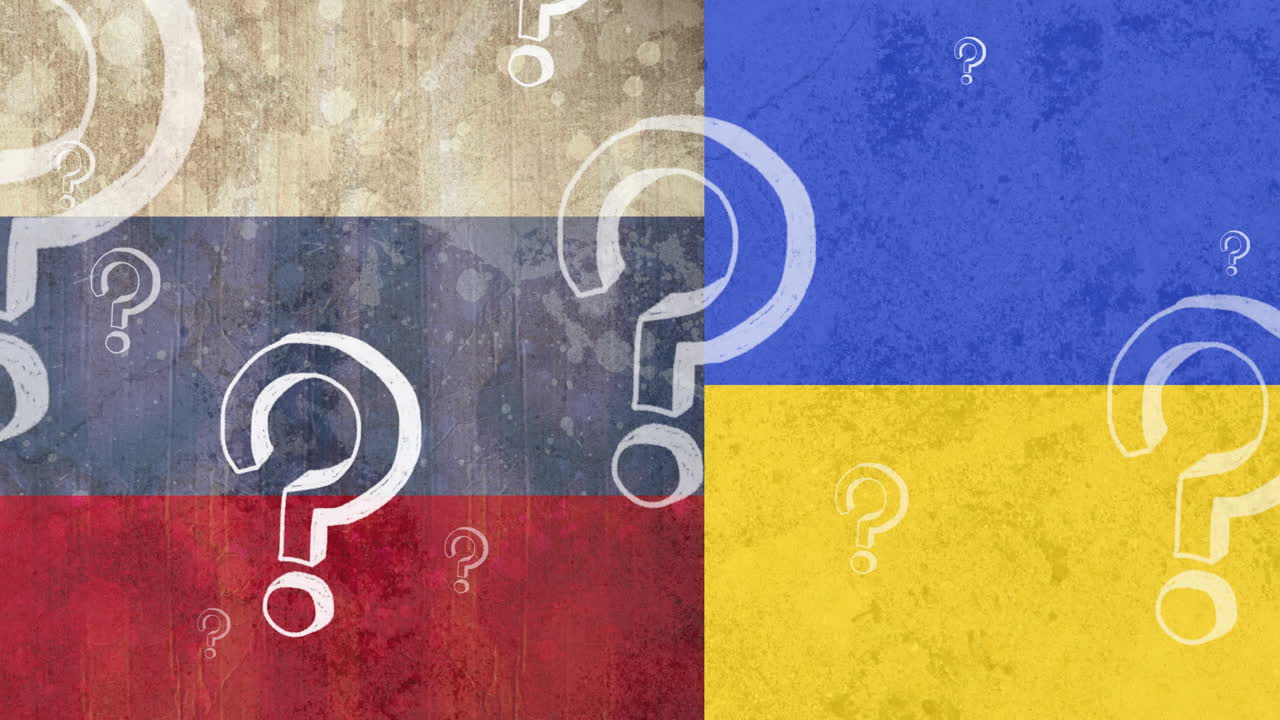 animación de signos de interrogación flotando sobre la bandera de rusia y ucrania