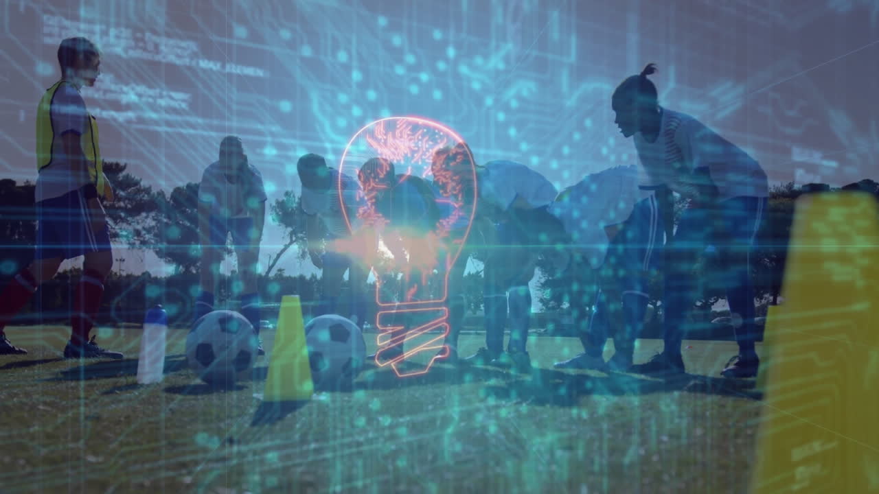 Seven female soccer players huddling on training field, showcasing technology lightbulb overlay