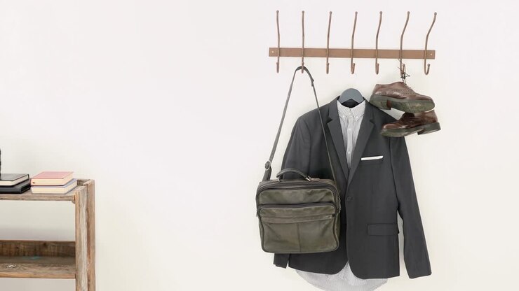 Primo piano di blazer, scarpe e borsa appesi a un gancio 4k