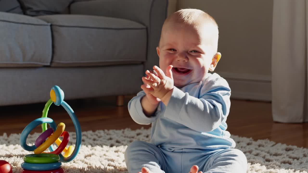 A cheerful baby clapping on a soft carpet, with a colorful toy nearby
