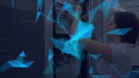 woman working on server with blue geometric shapes animation overlay