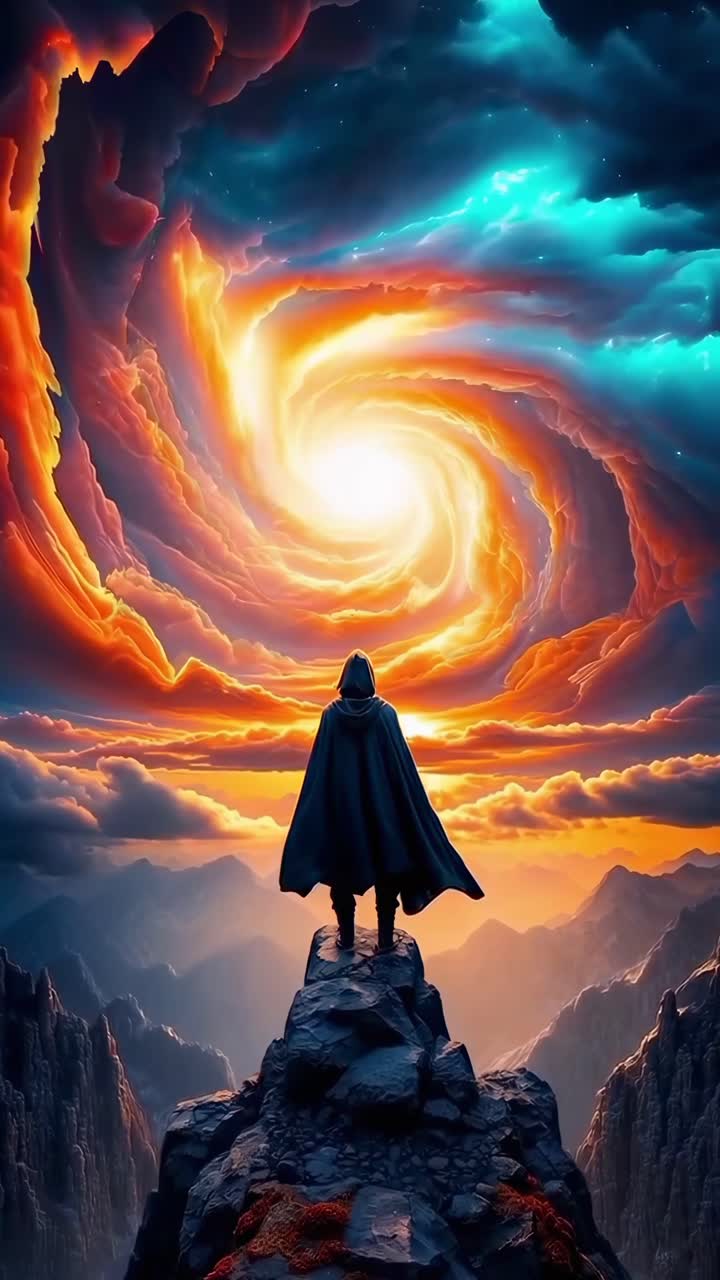 Escena épica de fantasía con una figura encapuchada en un acantilado, ángulo bajo, cielo arremolinado, estilo de videojuego.