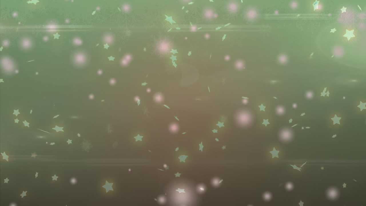 녹색 배경에 복사 공간과 함께 떨어지는 분홍색 빛 반점과 별 아이콘의 애니메이션