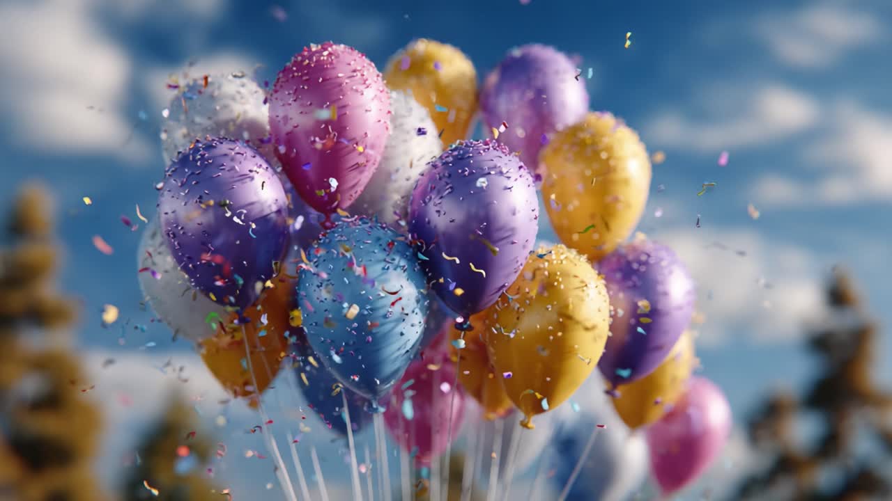 A Spectacular Display of Colorful Balloons Celebrating Joyful Moments Under a Bright Sky with Confetti Adding a Touch of Whimsy to the Festive Atmosphere