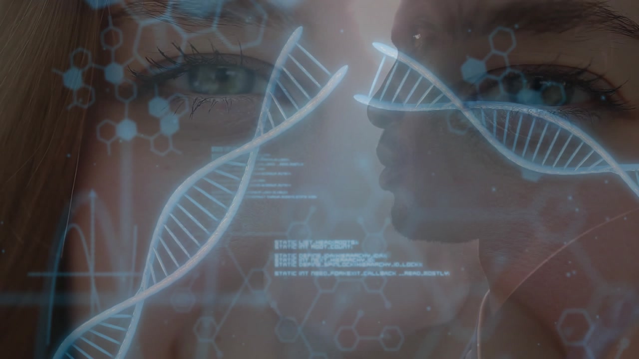 Woman starting smile and guiding DNA helix, molecular icons and code overlays in genetics interface