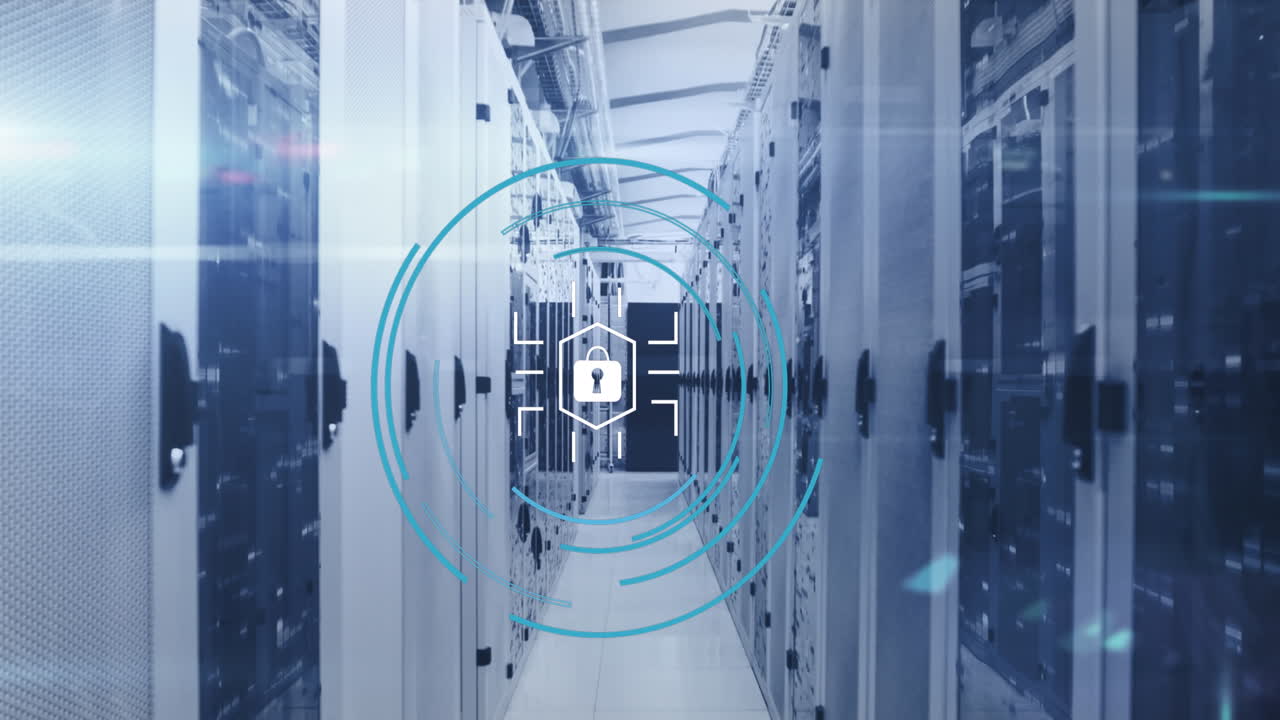 Animation of security padlock icon, mosaic squares and light spot against computer server room