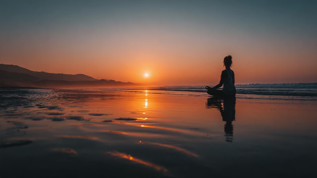 A Serene Sunset Meditation on the Beach: Embracing Tranquility and Connection with Nature as the Day Closes, Radiating Peace and Reflection on the Horizon