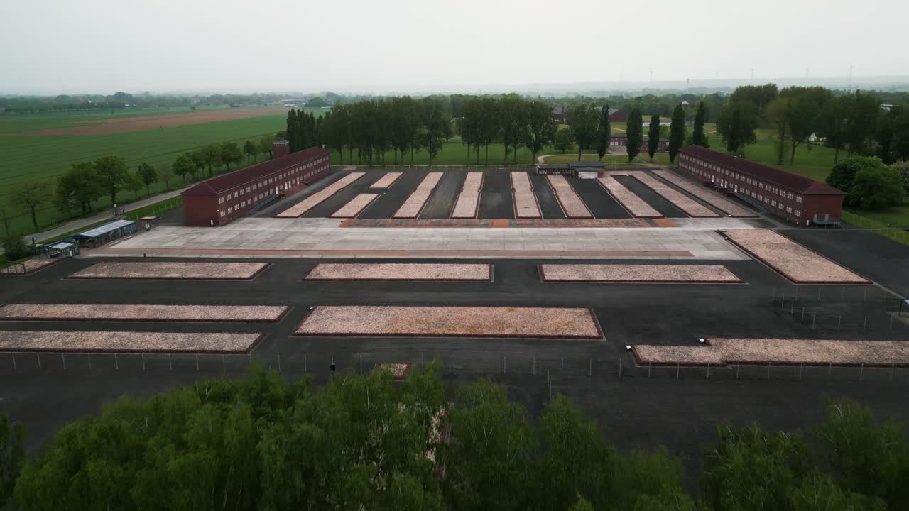 aerial shot revealing Neuengamme concentration camp in the Bergedorf district of Hamburg on an overcast day in Germany