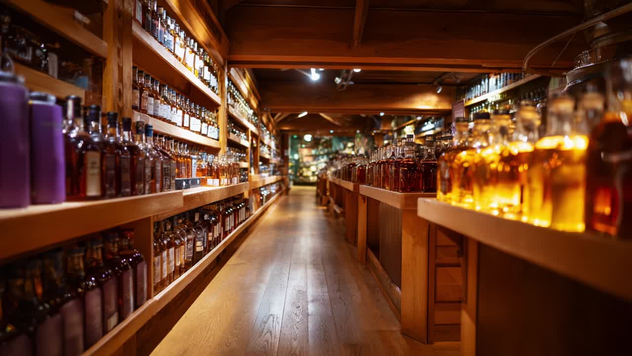 Liquor Store with Shelves of Whiskey Bottles