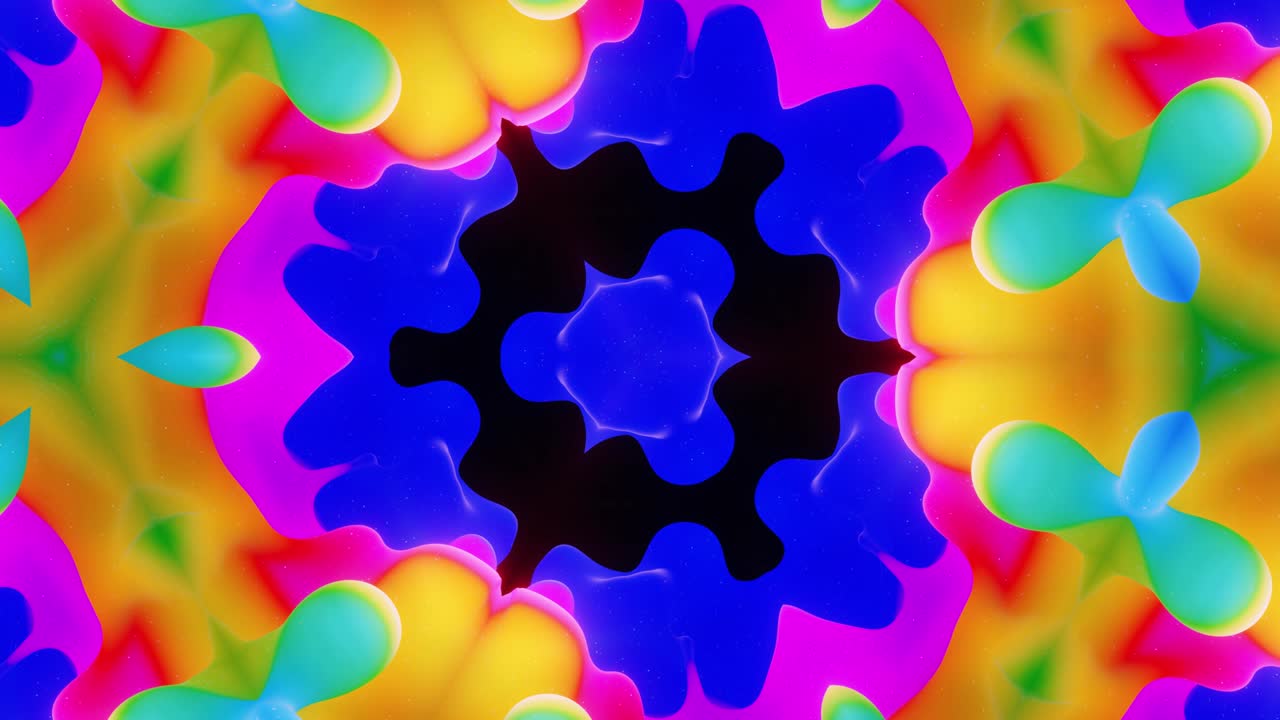 Kaleidoscope effect with abstract waves. Abstract symmetric 3D structures like liquid kaleidoscope in looped animation, smooth color gradients with glow glitter. Beautiful abstract bg 3d pattern.