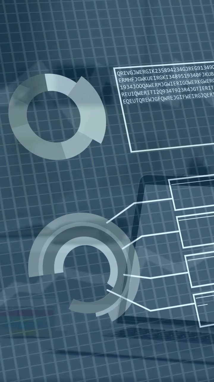 Vertical video: On play holo dashboard sliding right exposing ring charts linking modules for data