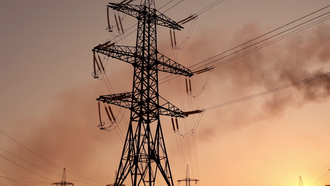 High voltage electric lines and industry. Pipes with dark smoke near the transmission electric towers at dusk. Pollution the atmosphere. View from below