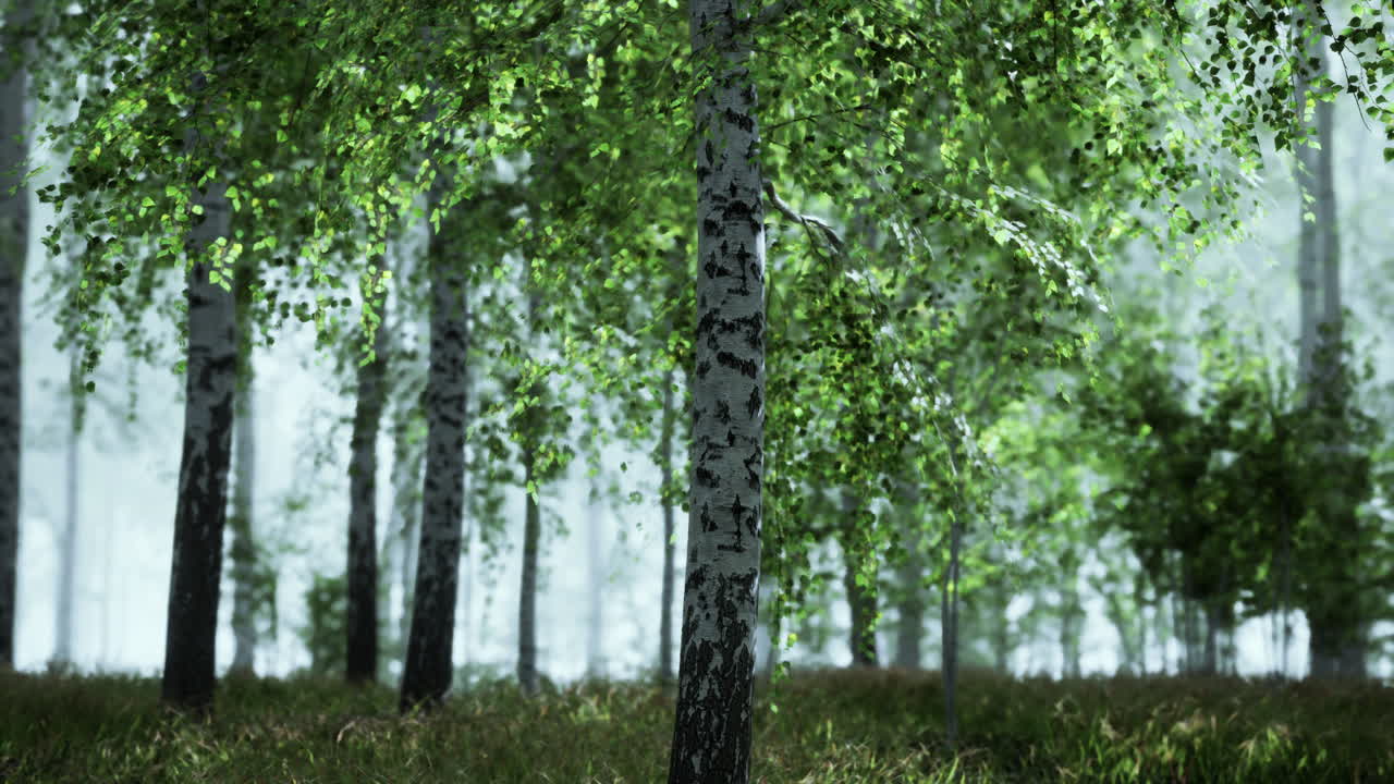 красивые березы в туманном лесу