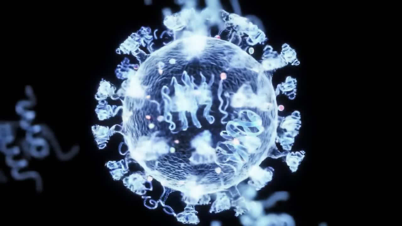 Detailed Visualization of a Virus Structure Showcasing Its Complex Molecular Features and Intricate Surface Proteins in a Surreal High-Definition Animation