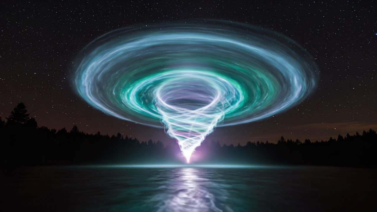 A Beautifully Captured Vortex of Light and Energy Illuminates the Night Sky, Reflecting on Water Surrounded by Forested Landscape Under Stars