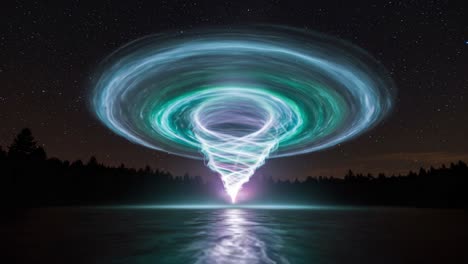A Beautifully Captured Vortex of Light and Energy Illuminates the Night Sky, Reflecting on Water Surrounded by Forested Landscape Under Stars
