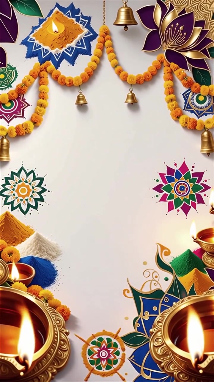 Sfondo Diwali con Diyas luminosi, Rangoli e fiori di loto